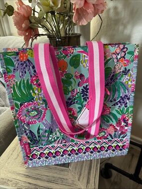 Floral Print Tote Bag with Pink Striped Handles